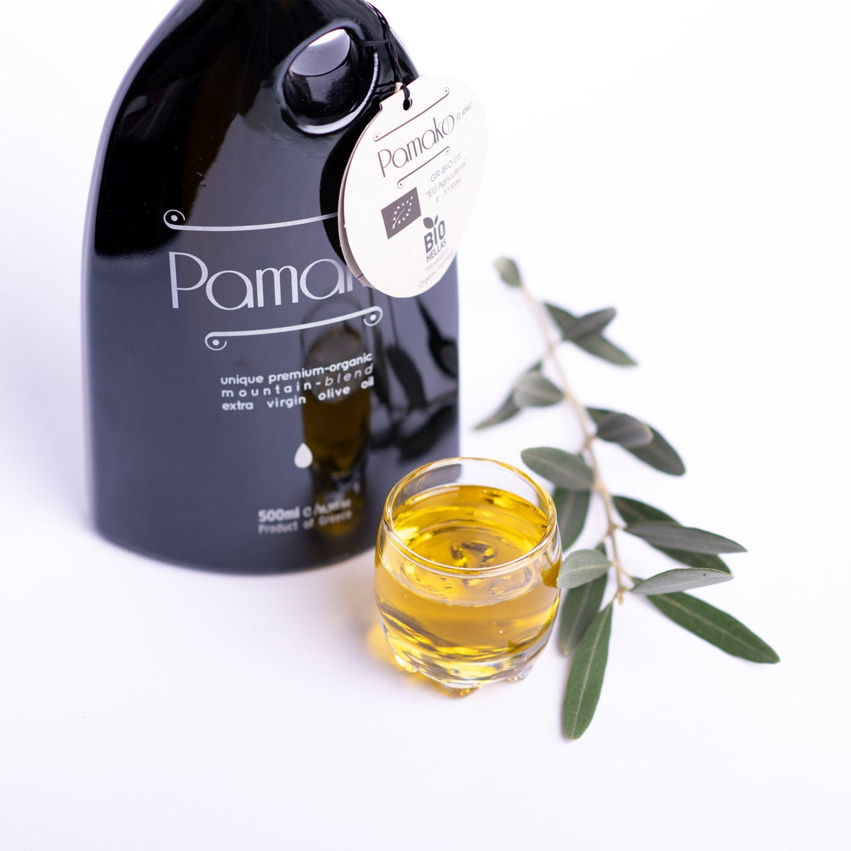Organic Olive Oil with High Phenolic Content – Pamako Monovarietal in a Dark Murano Glass Bottle