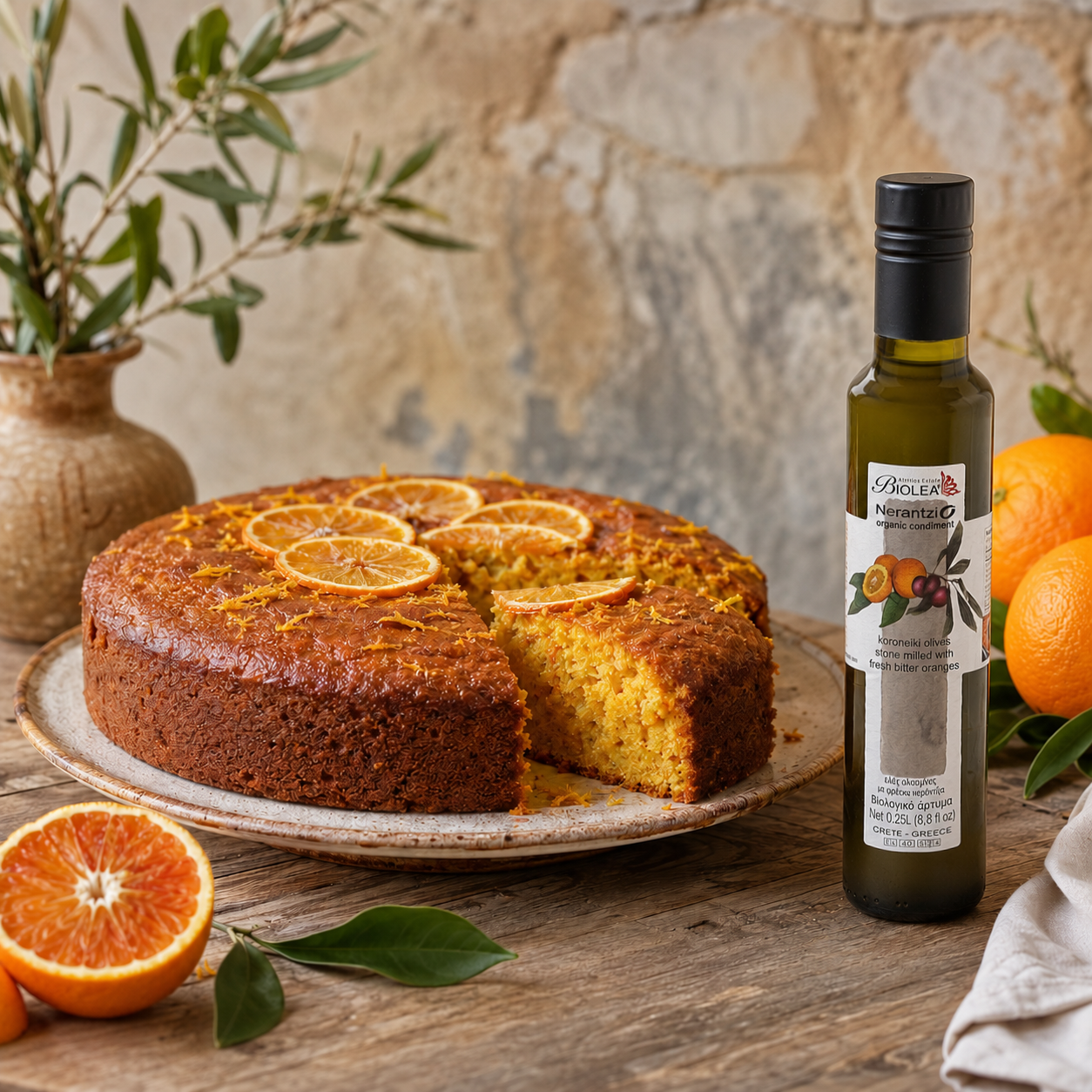 Pumpkin loaf cake sliced on a rustic surface beside a bottle of Biolea Nerantzio olive oil, styled as a warm, Mediterranean-inspired dessert scene.