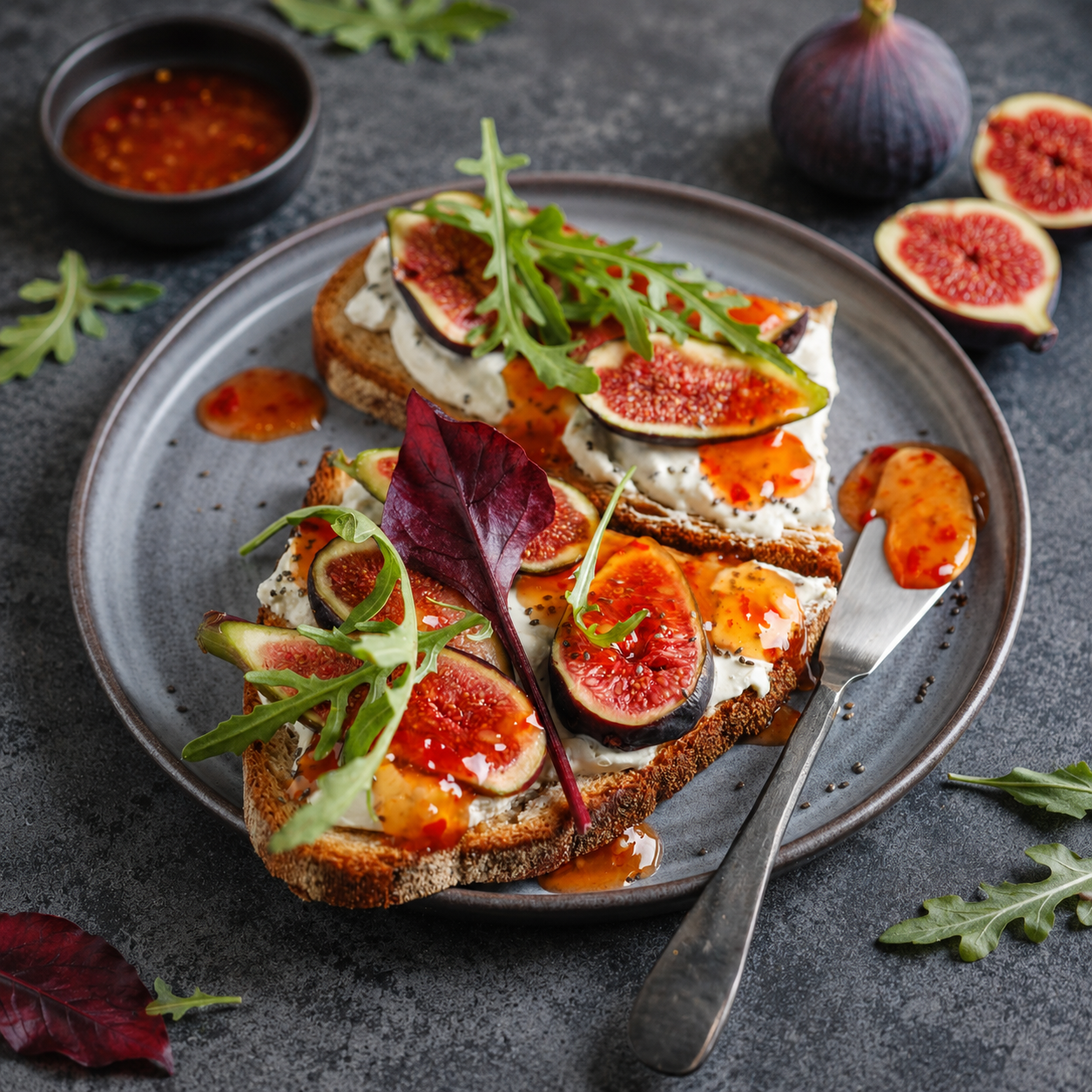 Whipped feta and fresh fig crostini drizzled with balsamic glaze and garnished with arugula on a rustic plate.