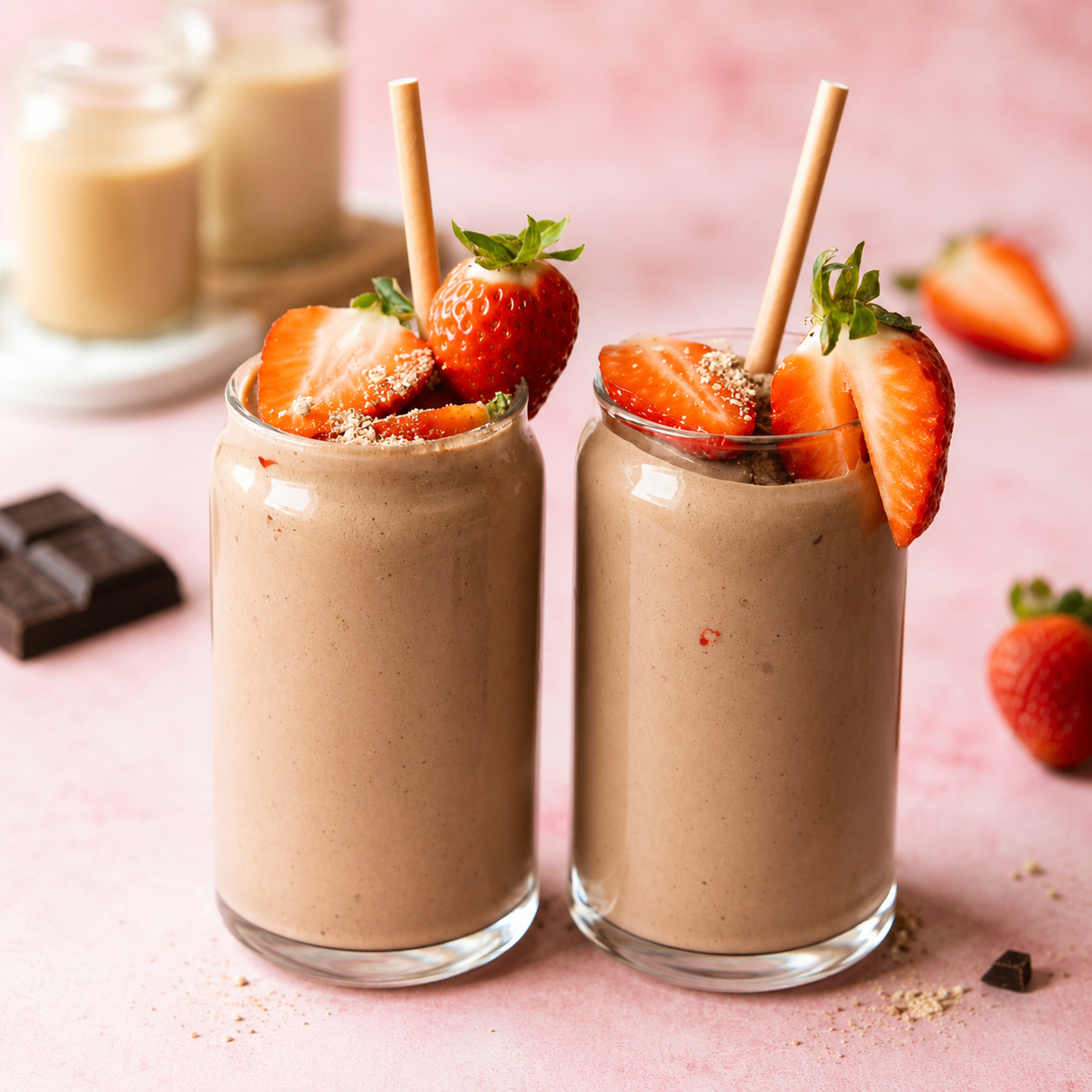Two strawberry smoothies in tall glasses topped with fresh strawberries on a soft pink background