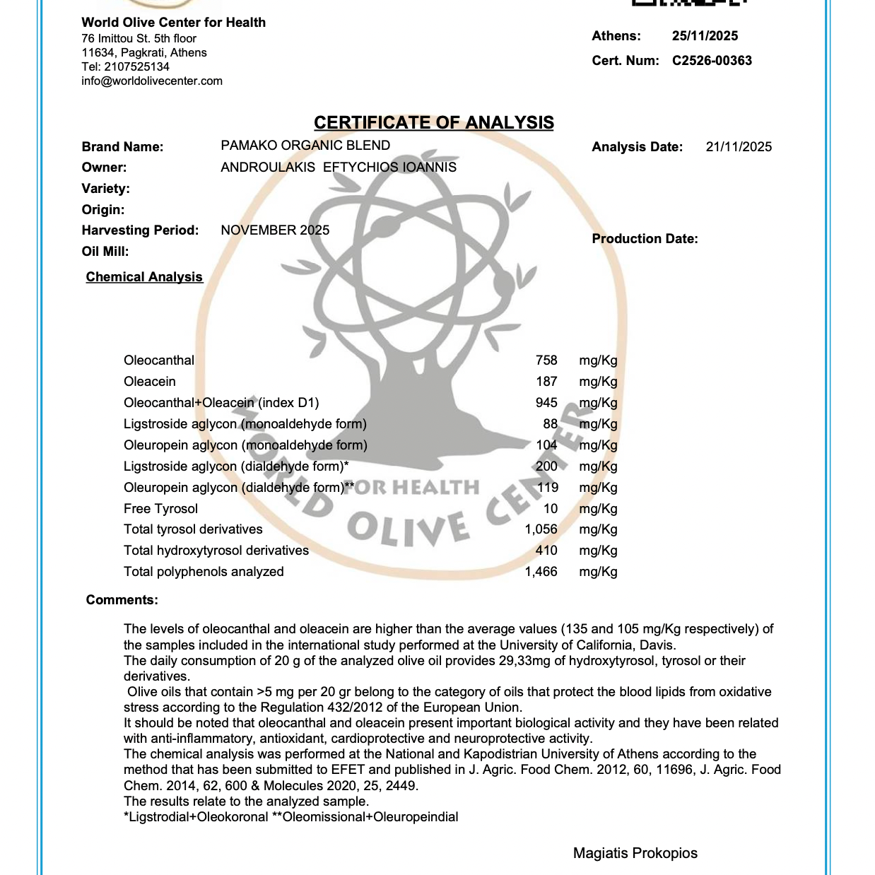 Certificate of analysis of Blend Pamako Olive oil and confirmation of phenol content of 1466 mg/kg.