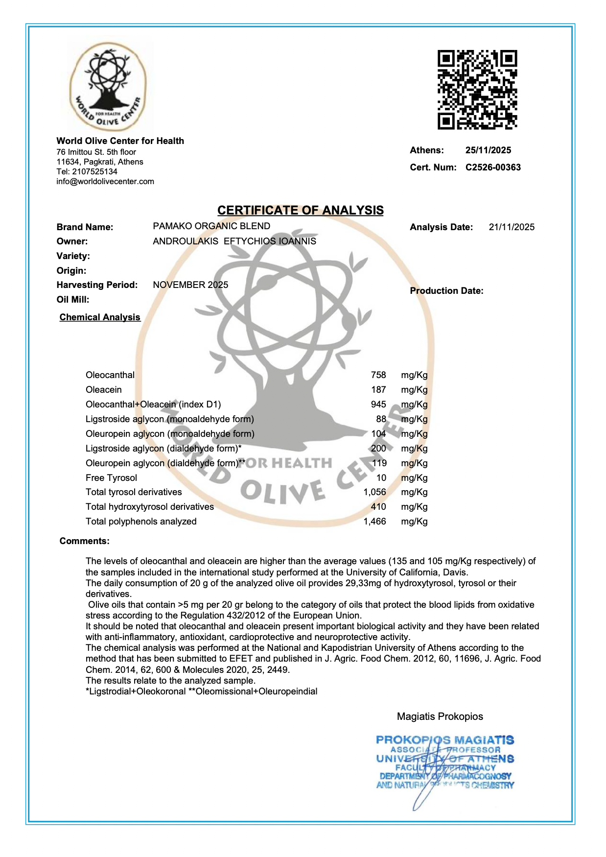 Certificate of analysis of Blend Pamako Olive oil and confirmation of phenol content of 1466 mg/kg.