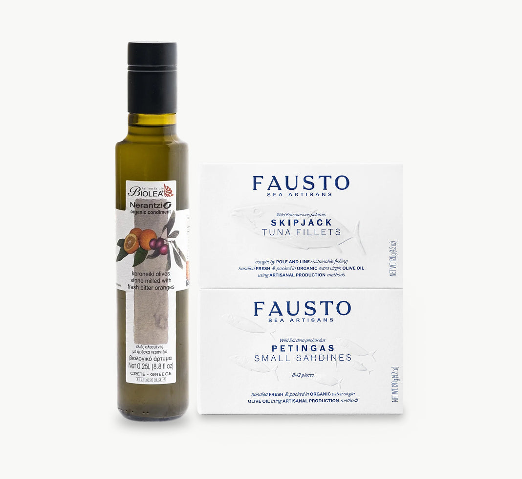 Organic Biolea orange infused olive oil with Fausto skipjack tuna fillets and small sardines in organic EVOO gourmet bundle