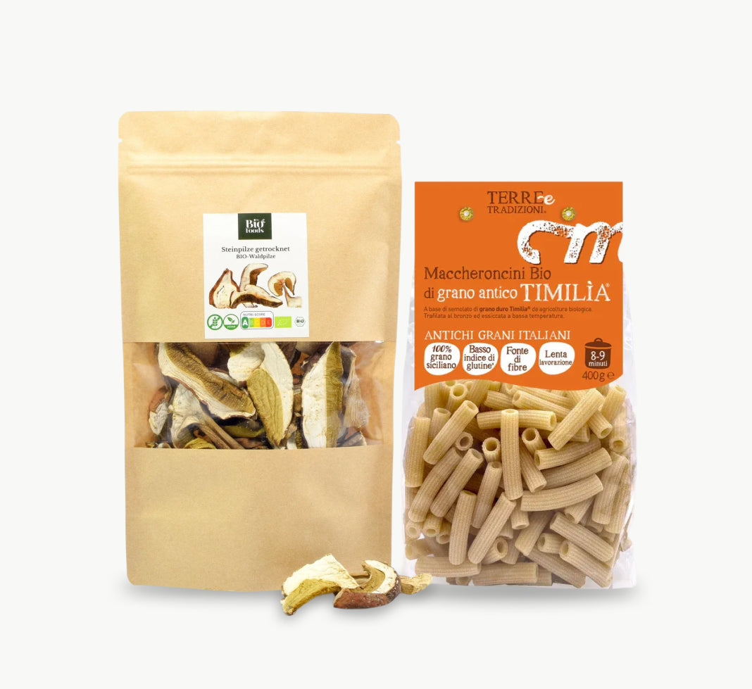 Organic dried porcini mushrooms with Italian maccheroncini pasta made from ancient Timilia wheat