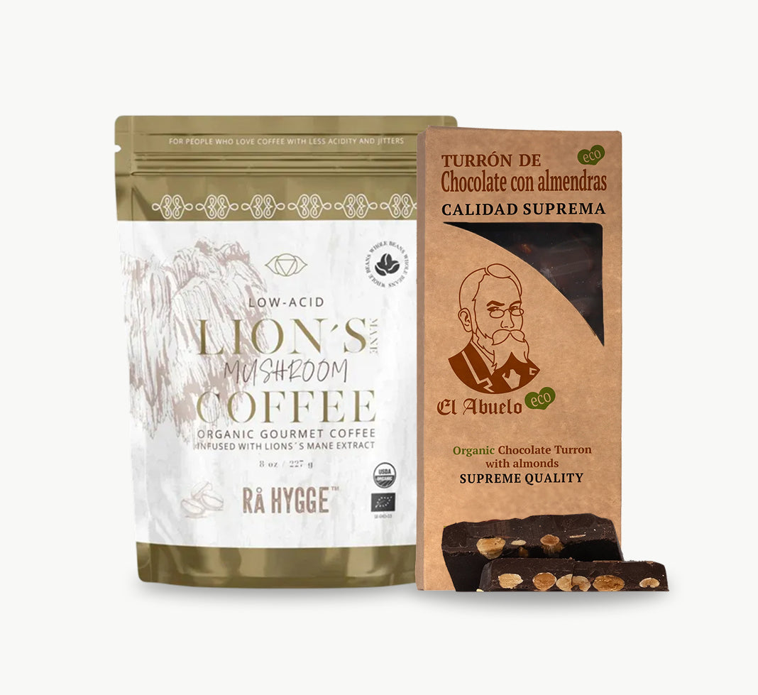 Lion’s Mane mushroom coffee with organic chocolate almond nougat turron wellness gift bundle