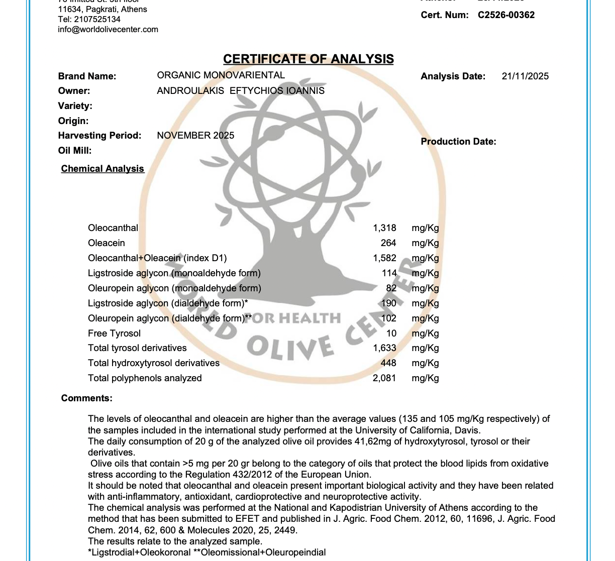 Certificate of Analysis for Pamako Organic EVOO Monovarietal and phenol content of 2081 mg.kg.