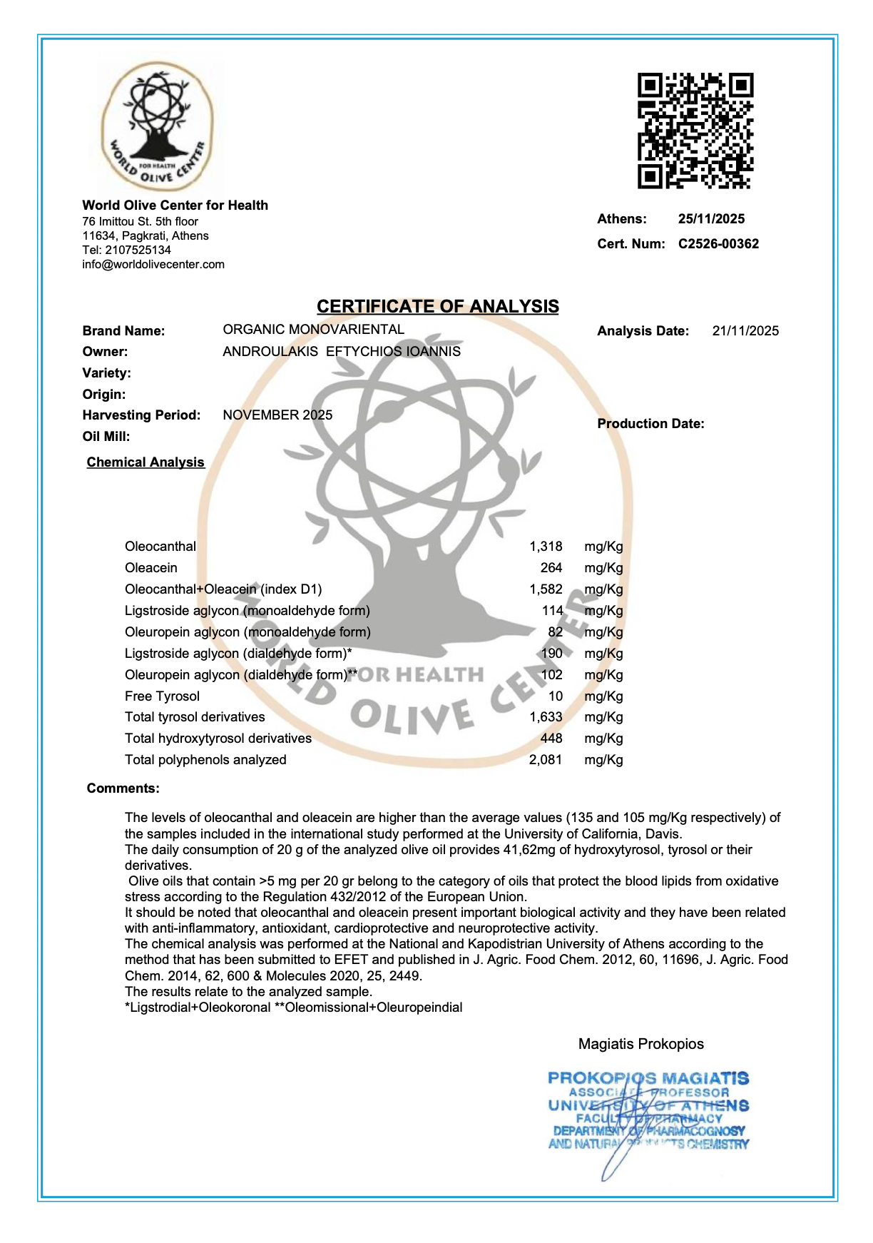 Certificate of Analysis for Pamako Organic EVOO Monovarietal and phenol content of 2081 mg.kg.