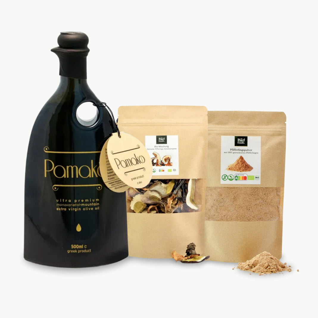 Premium organic olive oil with dried mushrooms and mushroom powder products