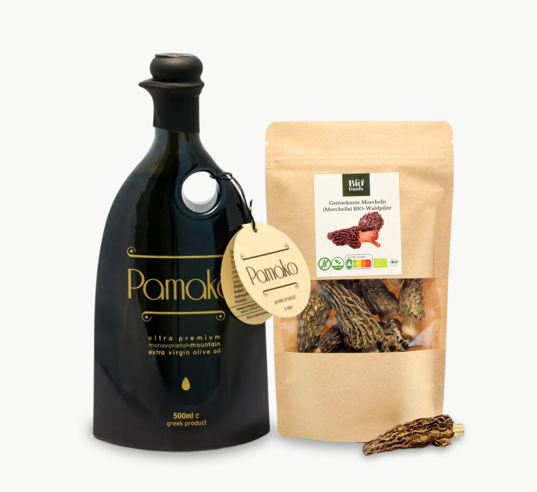 Pamako ultra premium organic extra virgin olive oil with dried organic morel mushrooms gourmet bundle