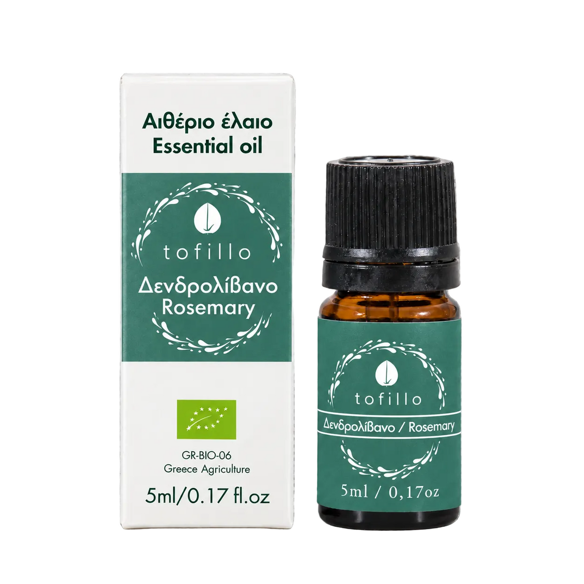 A bottle of Tofillo essential oil next to its retail box, featuring a green and white label design with rosemary scent, on a gray textured background.