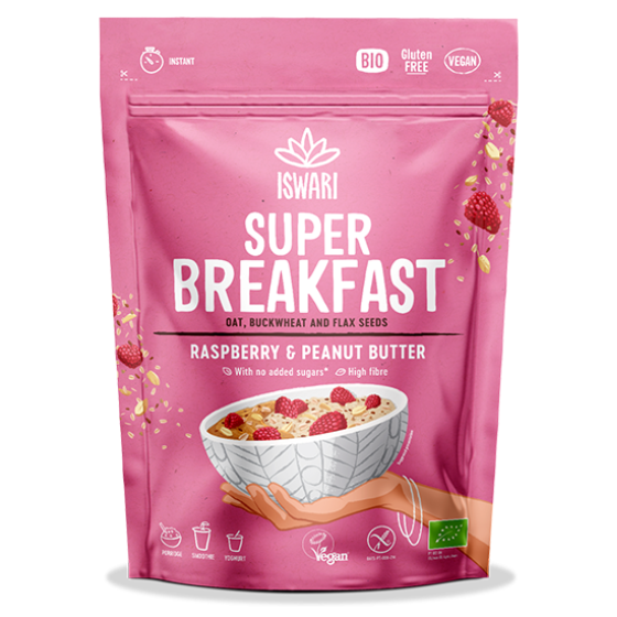 Veganes Hafer- und Buchweizenfrühstück mit Himbeere und Erdnussbutter