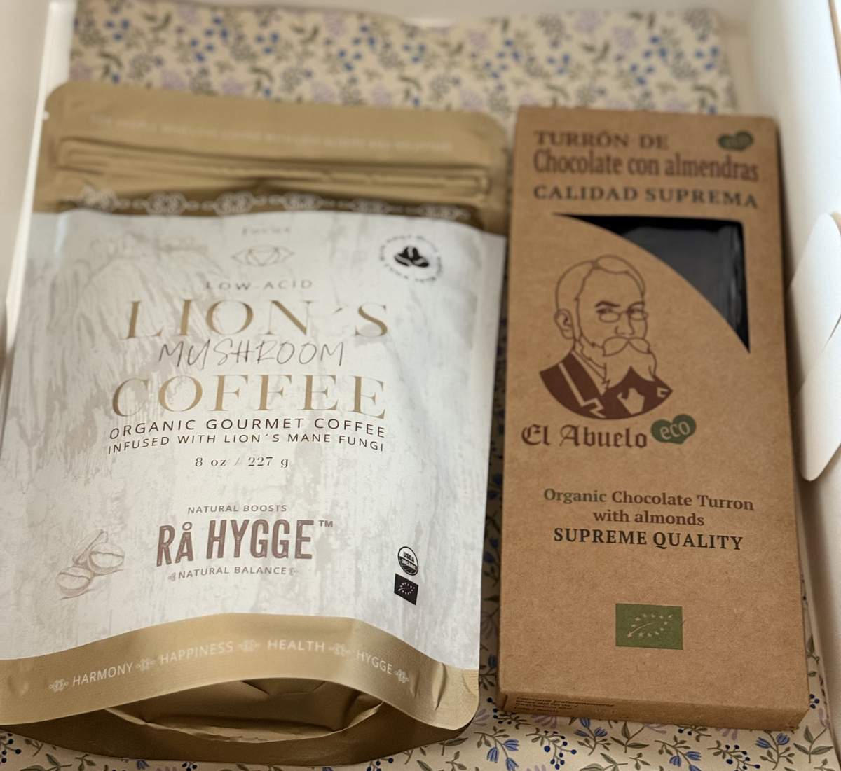 A package of Lion's Mane coffee and El Abuelo organic chocolate turron premium and certified organic gift collection.