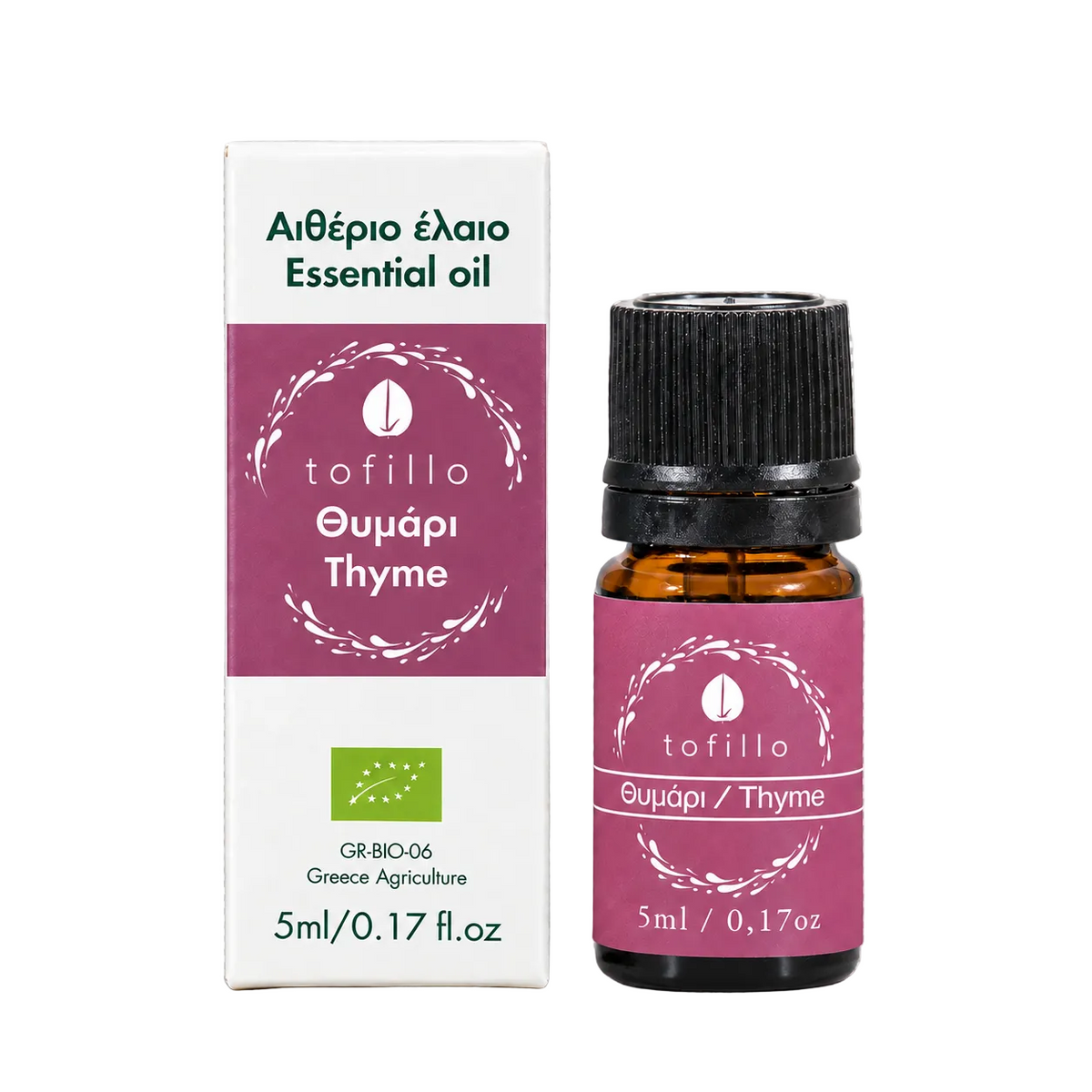 A bottle of Tofillo organic Thyme essential oil next to its white and magenta packaging box, displayed on a textured gray background.