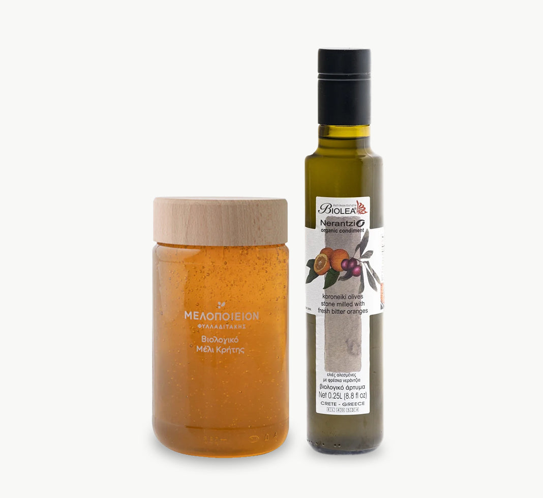 Organic Cretan thyme honey jar with Biolea orange infused olive oil gourmet Mediterranean bundle