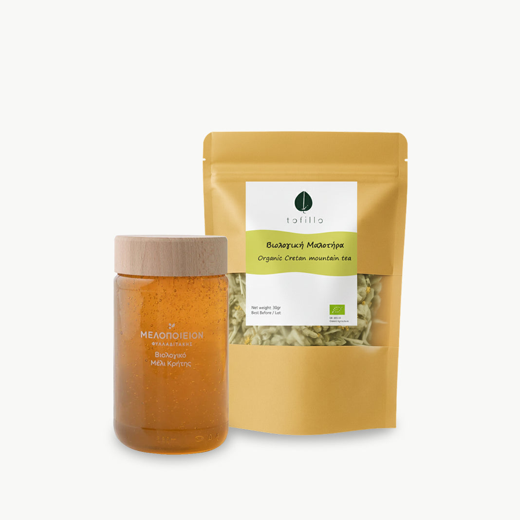 Organic Cretan thyme honey with organic mountain tea herbal blend wellness gift set