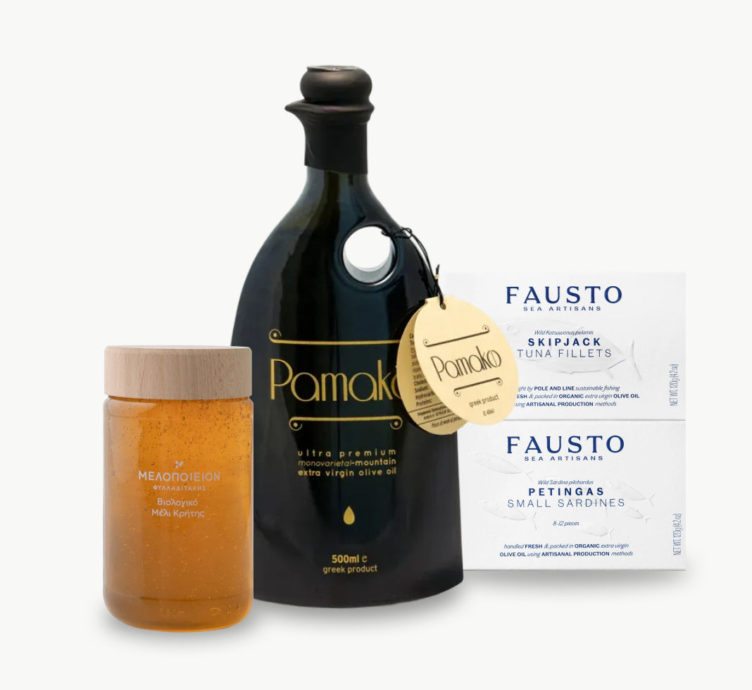 Cretan thyme honey with Pamako extra virgin olive oil and wild skipjack tuna fillets organic gourmet bundle