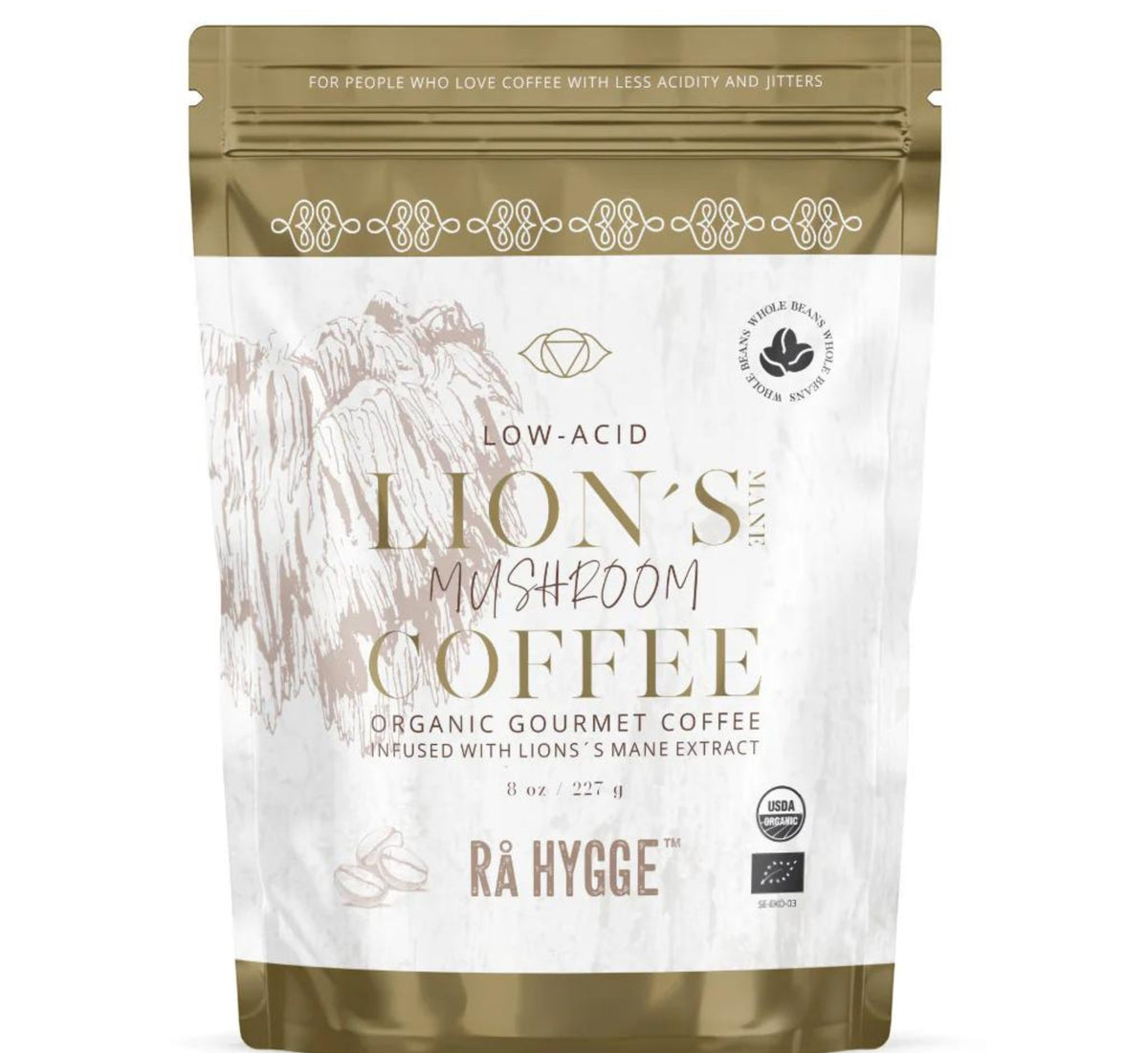 A package of Organic Lion’s Mane mushroom coffee blend for focus and energy available at The Bio Foods.