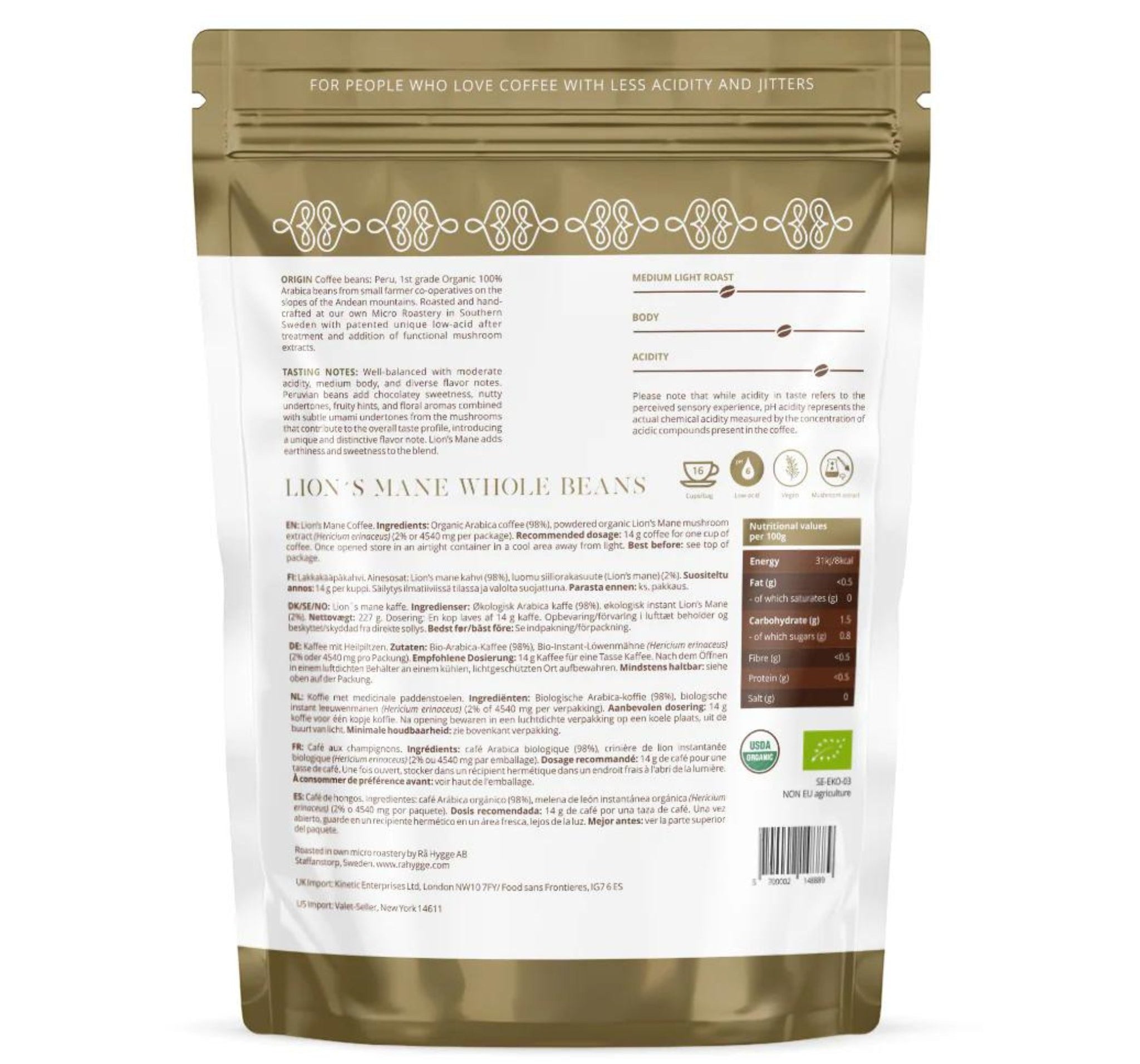 Organic Lion’s Mane mushroom coffee package, low acid and organic, whole beans - for focus and energy available at The Bio Foods.