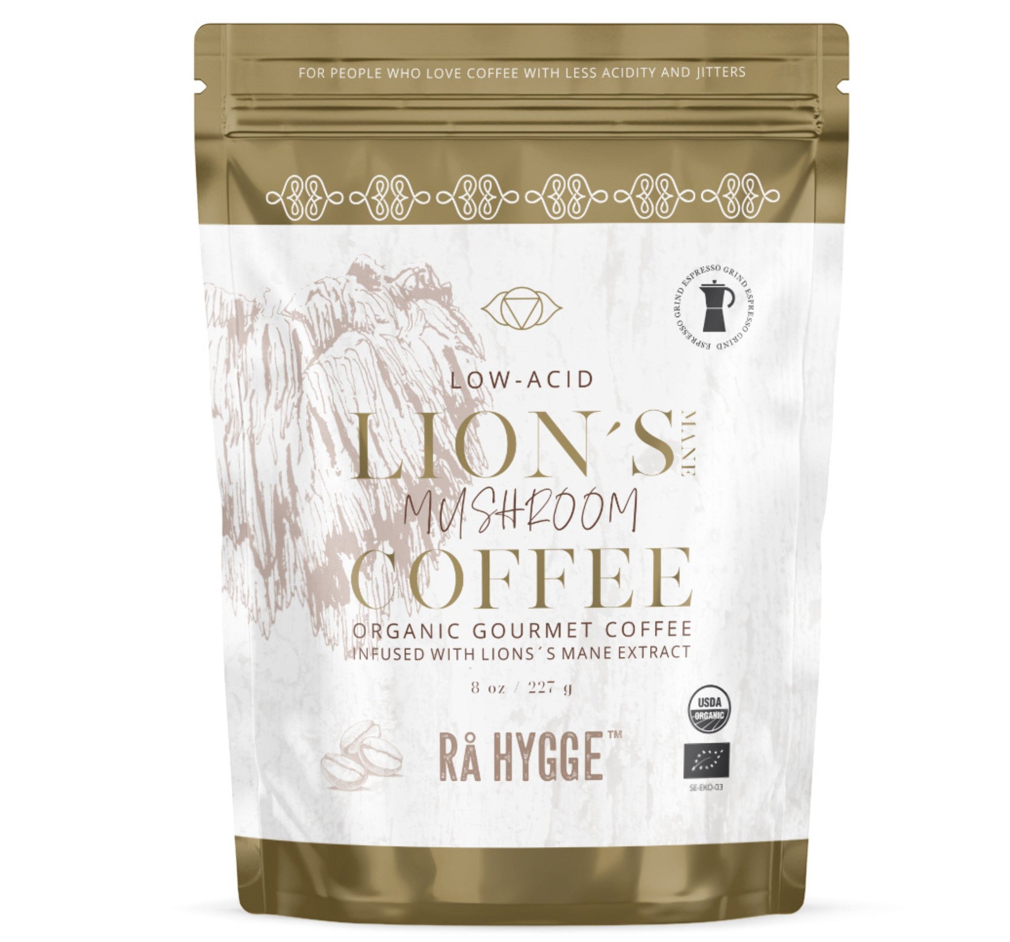 Organic Lion’s Mane mushroom coffee blend for focus and energy available at The Bio Foods.