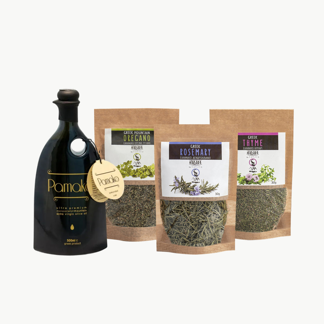 Organic premium elegant bottle of Pamako EVOO with 3 different spices from Crete. Certified Organic and great taste award.