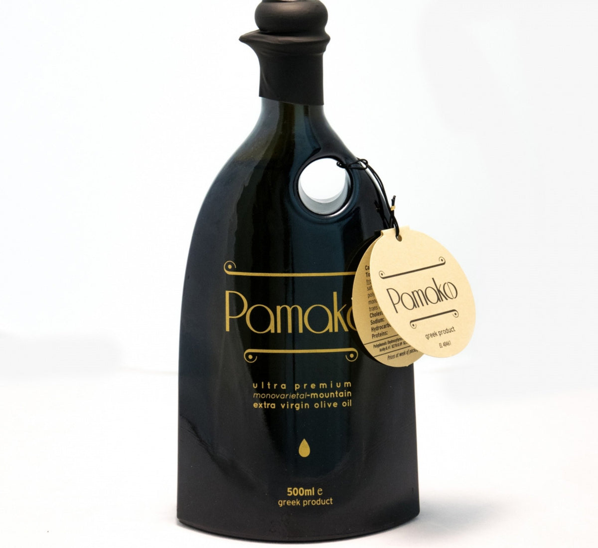 Pamako olive oil bottle with organic dried morel mushrooms at The Bio Foods.