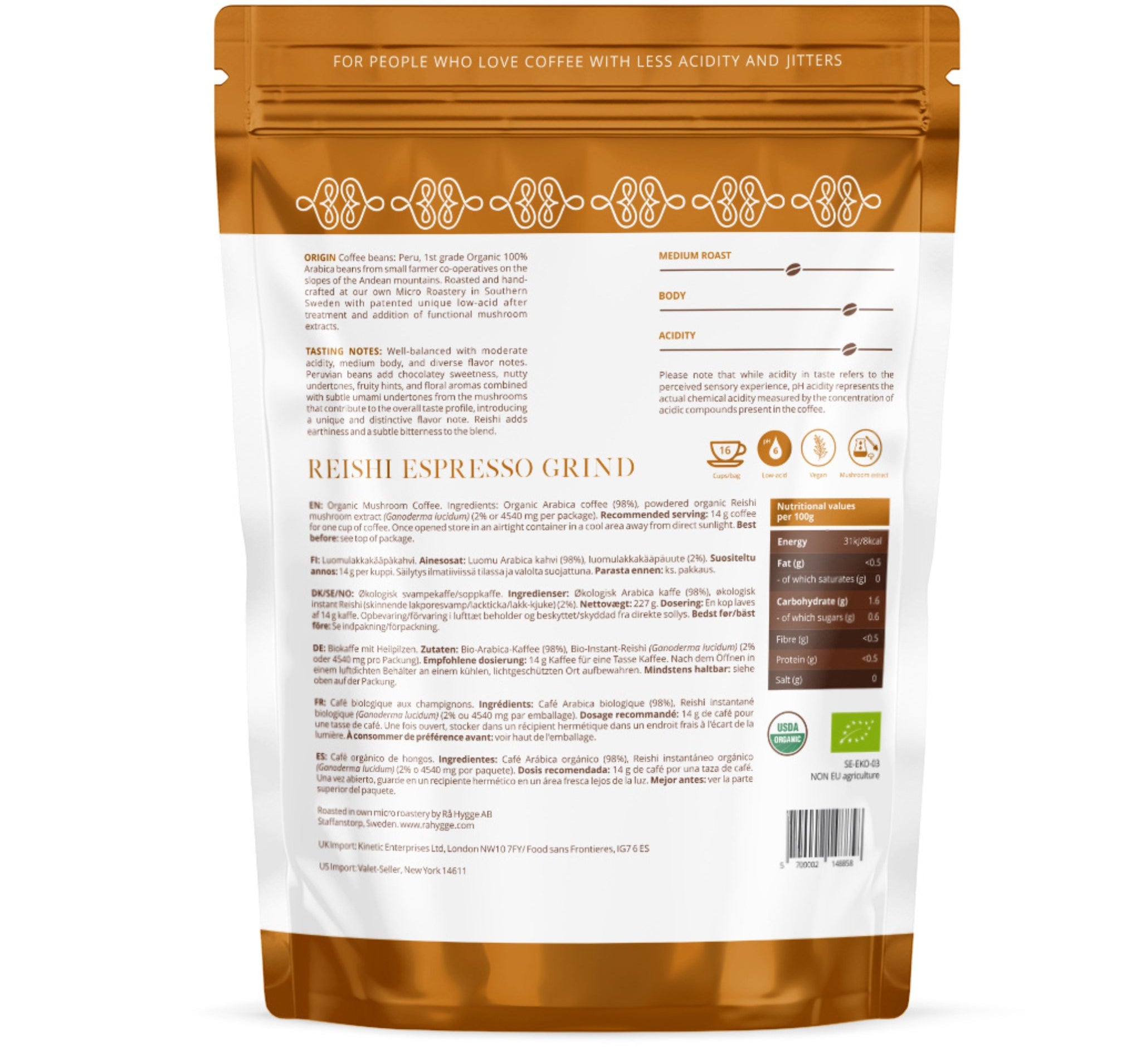 A back side of the package of Organic Reishi coffee with earthy aroma. Coffee blend promoting calm energy.