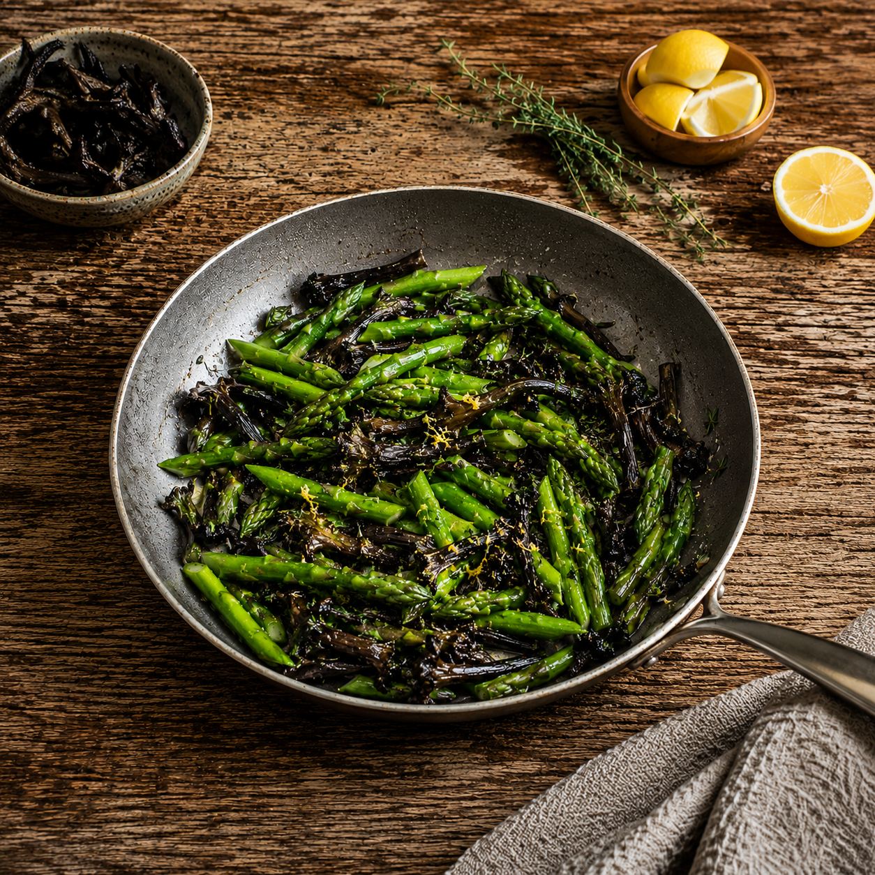 Alt text: Black trumpet mushrooms and asparagus sautéed in a pan with lemon zest and thyme
