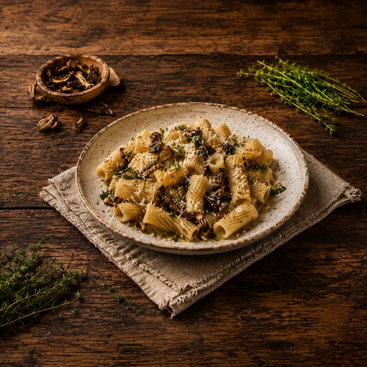 Rigatoni pasta with dried porcini mushrooms, herbs, and grated cheese served in a shallow bowl