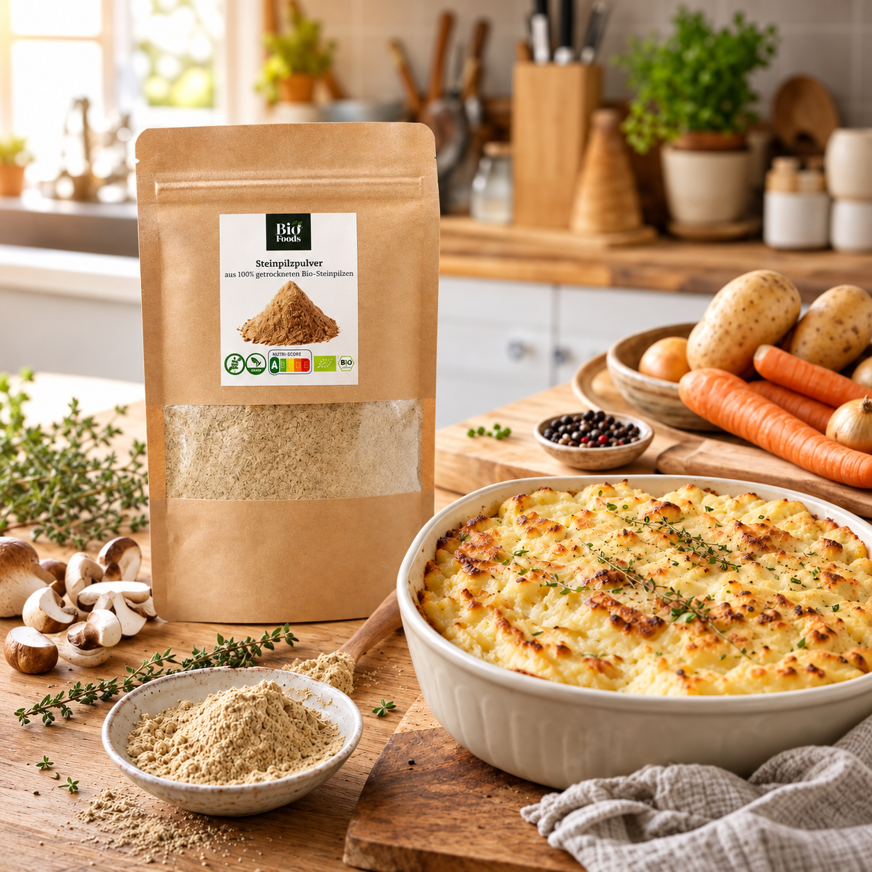 Vegetable shepherd’s pie with golden mashed potato topping beside organic porcini mushroom powder and fresh vegetables