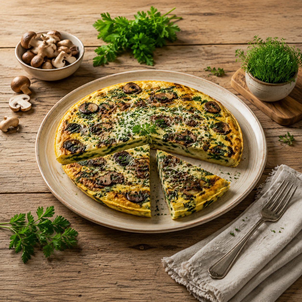 Wild mushroom and spinach frittata sliced on a plate with fresh herbs and mushrooms