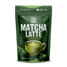 Organic matcha latte  in a  pouched bag  – Original green package with a cup of matcha latte in the center. 