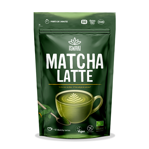 Organic matcha latte  in a  pouched bag  – Original green package with a cup of matcha latte in the center. 