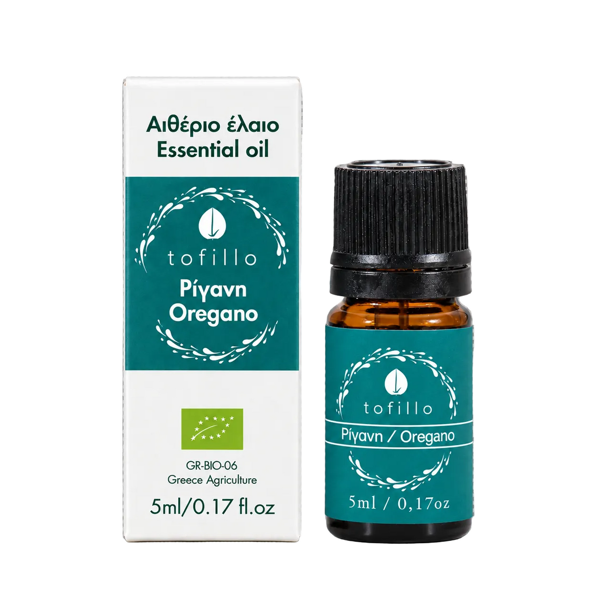 A bottle of Tofillo Piyav Oregano essential oil next to its white and teal packaging box, set against a gray textured background.