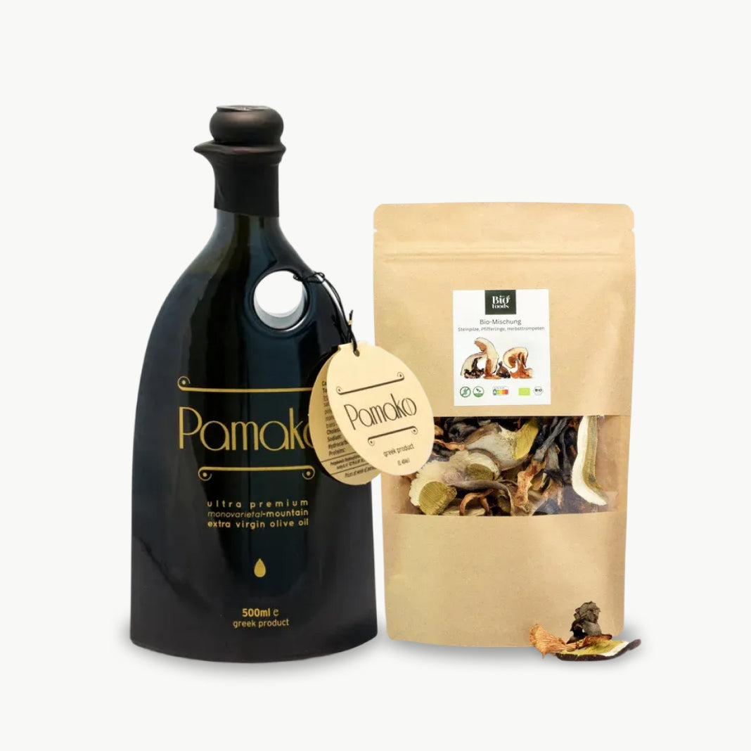 Pamako organic extra virgin olive oil with mixed dried wild forest mushrooms gourmet cooking bundle