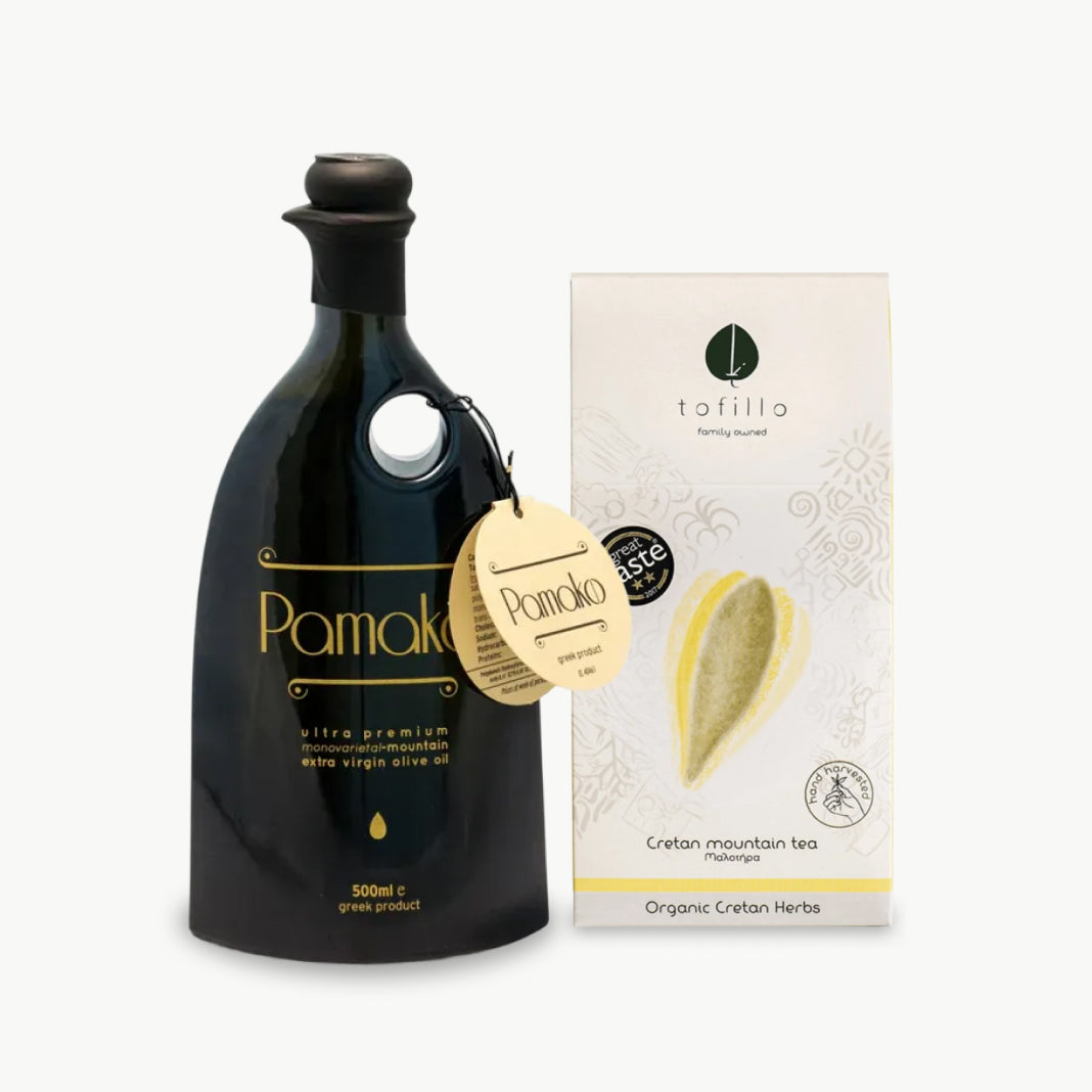Pamako organic extra virgin olive oil with Cretan mountain tea organic herbs gift set