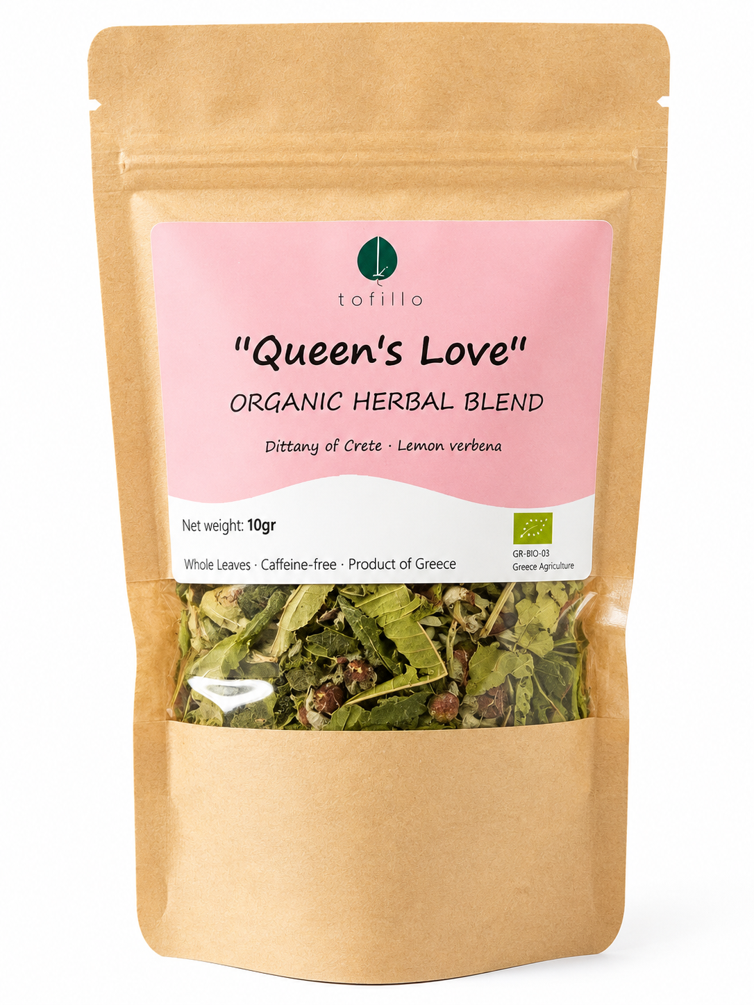 A pouch bag of Tofillo herbal blend mix Dittany of Crete and Lemon Verbena, 10g.