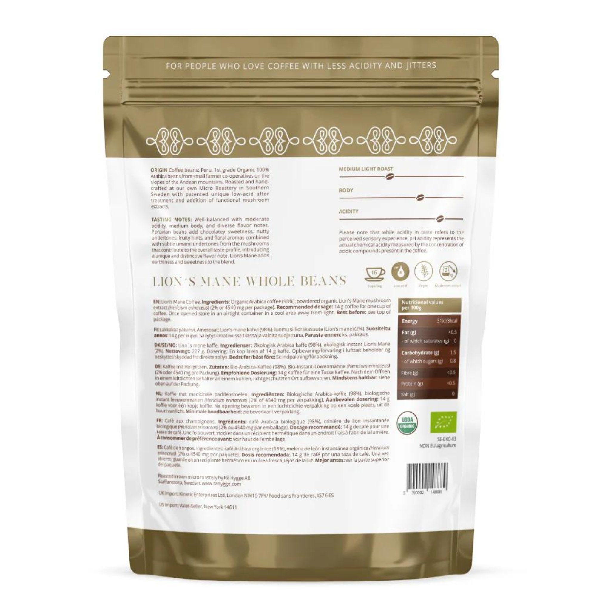 Organic Lion’s Mane mushroom coffee package, low acid and organic, whole beans - for focus and energy available at The Bio Foods. 