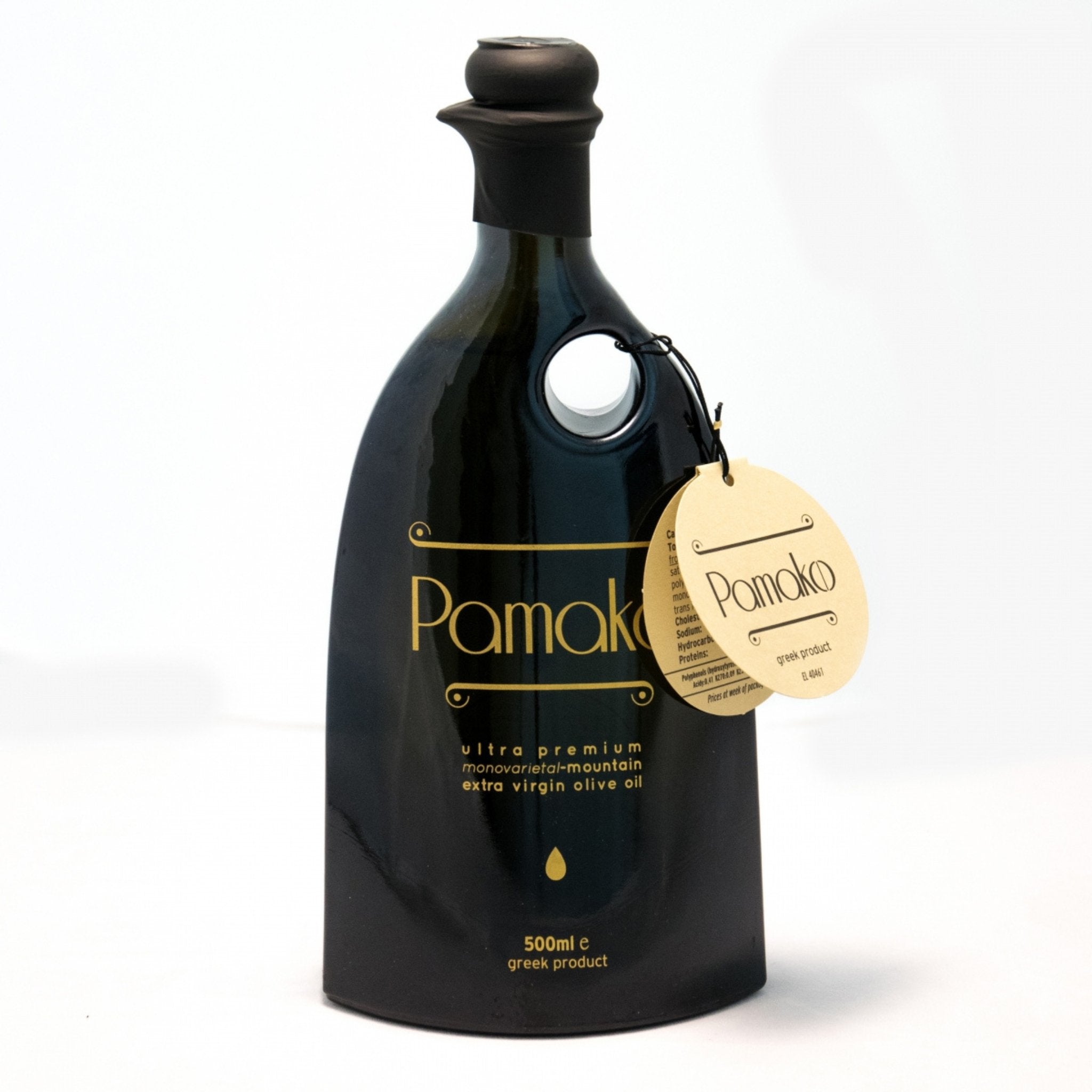 Pamako olive oil bottle with organic dried morel mushrooms at The Bio Foods.